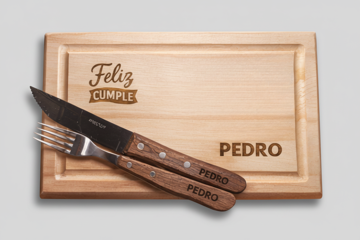 Set tabla pino Chica  + cubiertos Todo personalizado